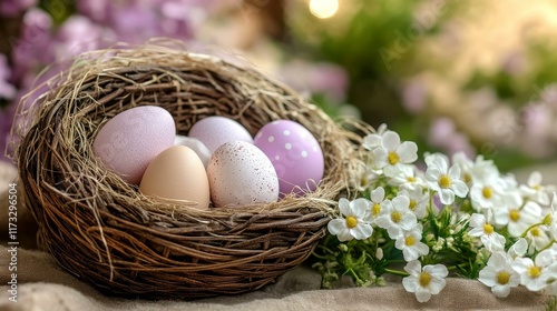 Easter Eggs in a Nest with Flowers