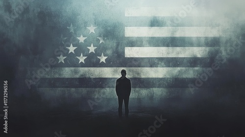 Silhouette Man Stands Before Faded American Flag