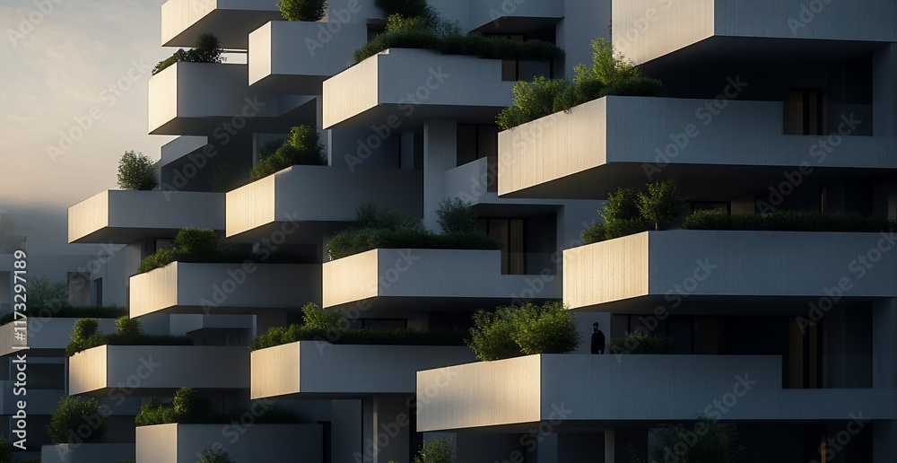 Modern apartment building with balconies and greenery. Modern apartment building with balconies and greenery.