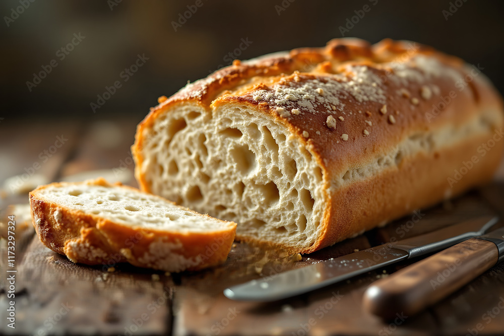 Close-up of a sliced Bauernbrot with a crunchy crust and soft airy interior on a wooden table, featuring a bread knife beside it, with cozy lighting for an artisanal bakery feel Close-up of a sliced Bauernbrot with a crunchy crust and soft airy interior on a wooden table, featuring a bread knife beside it, with cozy lighting for an artisanal bakery feel