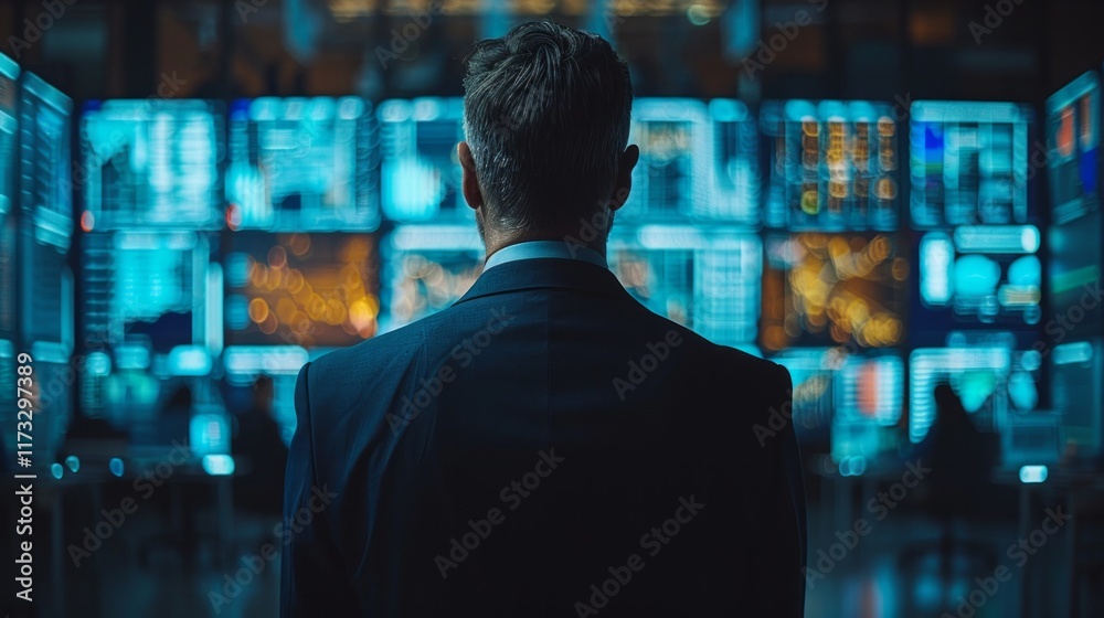 A man in a suit stands in front of a wall of glowing blue screens. AI generative. . A man in a suit stands in front of a wall of glowing blue screens. AI generative. .
