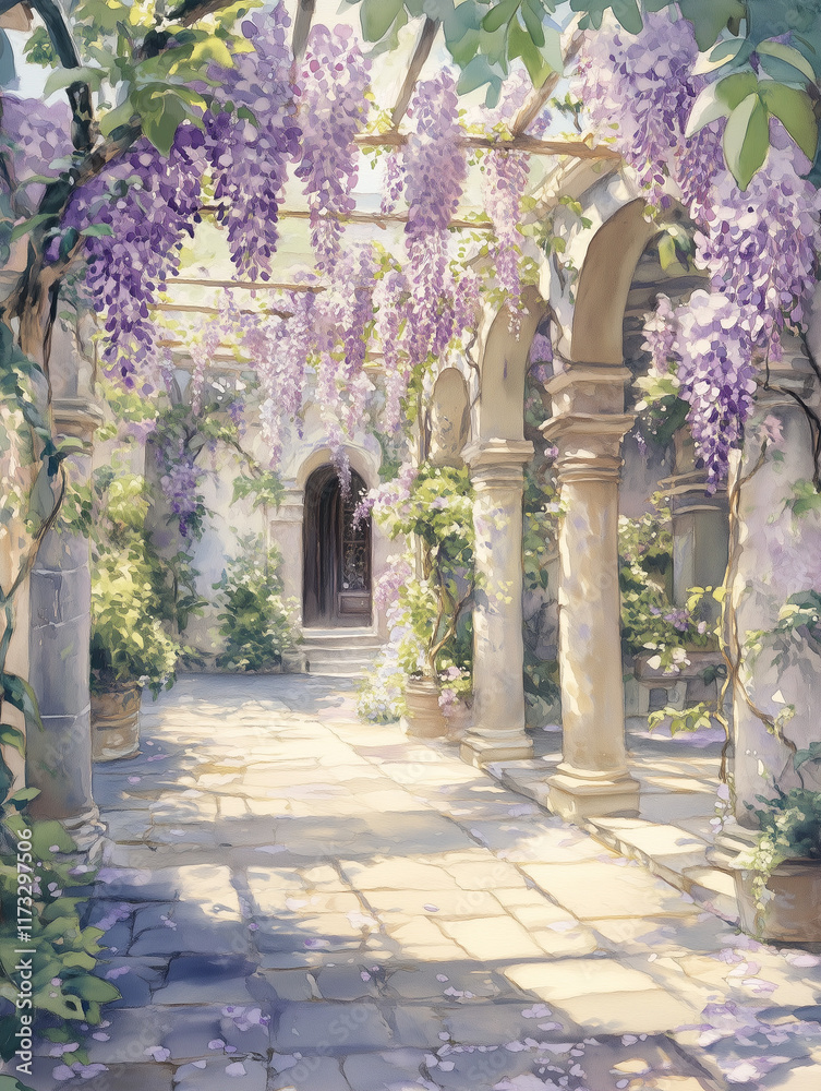 Fototapeta premium Wisteria flowers cascading in tranquil garden corridor