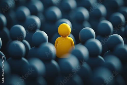 Bright yellow figure stands out among dark figures in a crowded environment showcasing individuality and contrast