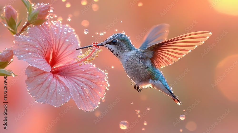 Naklejka premium Hummingbird feeding on a pink hibiscus flower with water droplets.