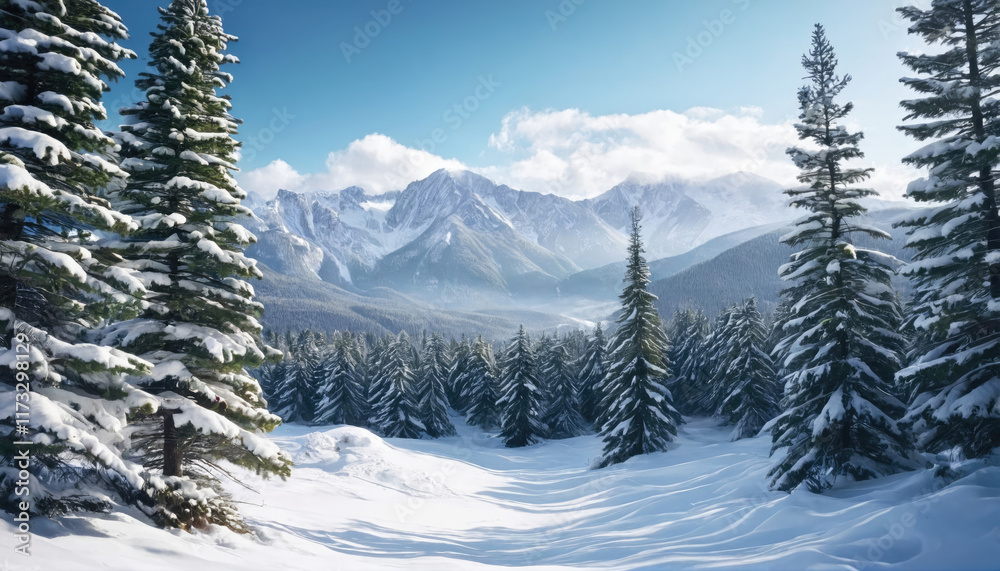 Fototapeta premium Snow-covered forest with majestic mountains in the background on a bright winter day