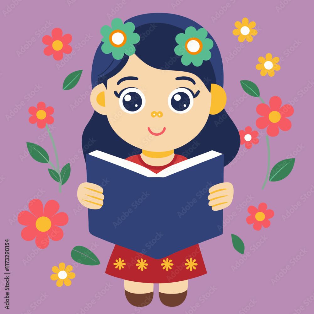 Cute girl reading a book surrounded by flowers in a colorful illustration
Cute girl reading a book surrounded by flowers in a colorful illustration