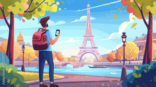 Traveler in Paris Buying Tickets Online with Smartphone photo