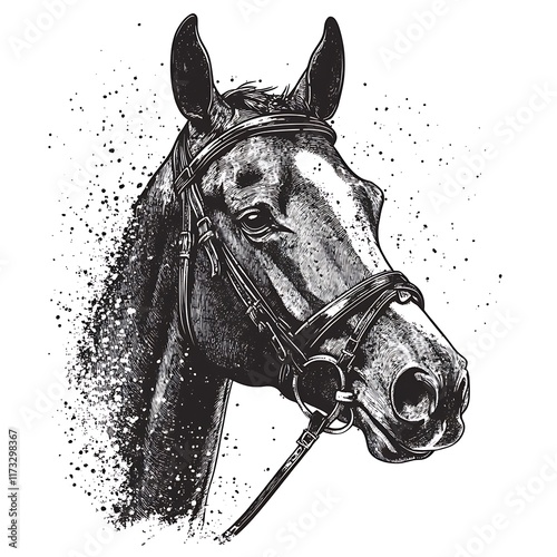 Black and white horse head with bridle and splattered paint.