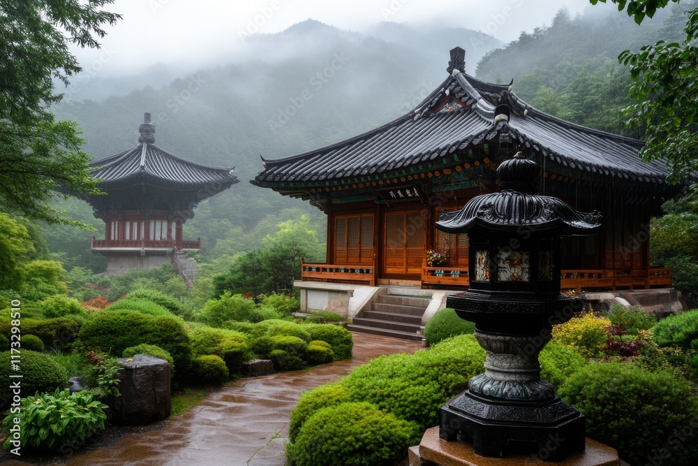 A Korean temple surrounded by lush greenery and misty mountains, with intricate carvings and hanging lanterns A Korean temple surrounded by lush greenery and misty mountains, with intricate carvings and hanging lanterns