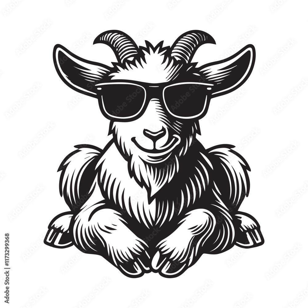 Obraz premium Cute baby Goat sitting wearing sunglass illustration vector, Goat clipart Design, Funny Goat Design 