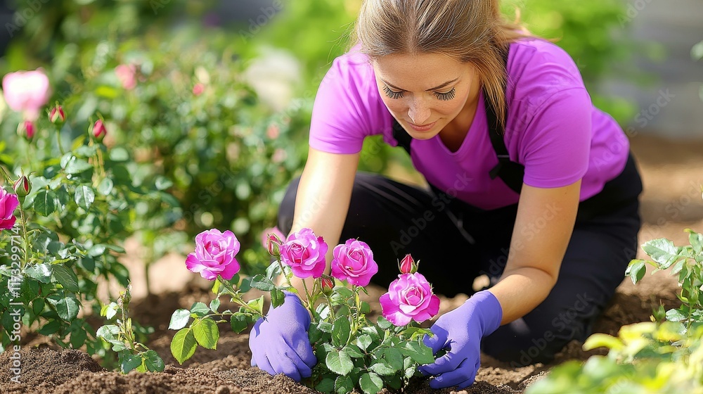 Woman Planting Roses in Garden Woman Planting Roses in Garden