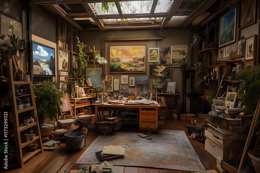 A cozy artist's studio filled with paintings, tools, and natural light. A cozy artist's studio filled with paintings, tools, and natural light.