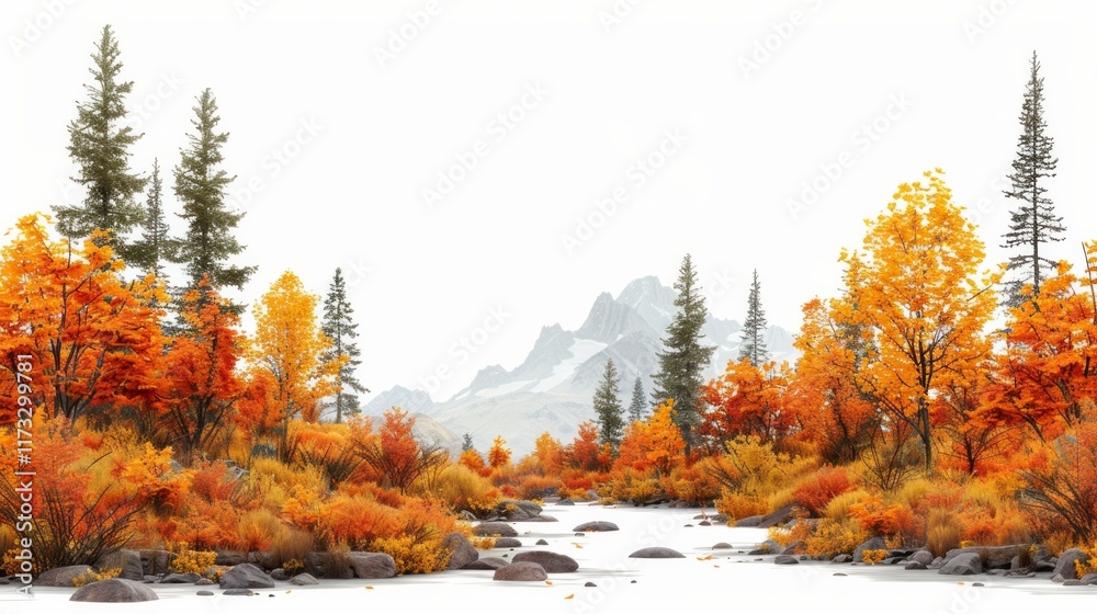 Autumnal forest with a snowy mountain range in the background, a river flows through the scene with large rocks and fallen leaves. AI generative. . Autumnal forest with a snowy mountain range in the background, a river flows through the scene with large rocks and fallen leaves. AI generative. .
