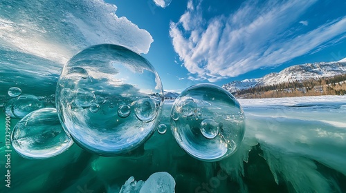 Frozen bubbles trapped under lake ice, with crystal-clear formations and winter beauty, creating a mesmerizing scene photo