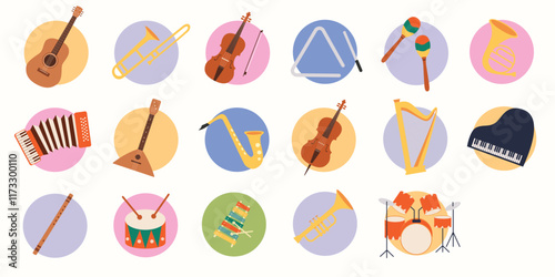Musical instruments icon collection on isolated background. Vector illustration cartoon flat style