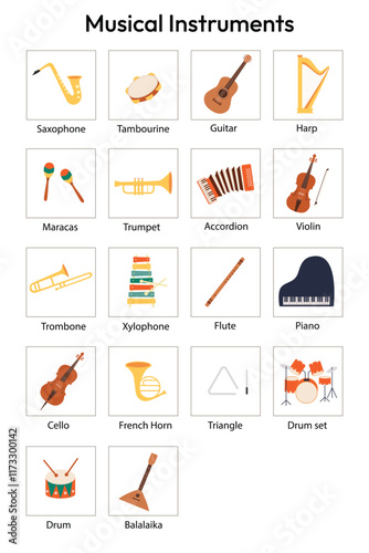 Musical instruments flash cards for kids, education,English language,textbook. Flash cards set for school and preschool.Learning music instruments for children.Vector illustration cartoon flat style.