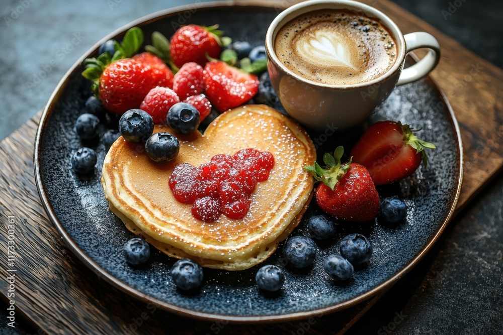 Heart-shaped breakfast platter with pancakes, fruit, and coffee captures playful morning joy Heart-shaped breakfast platter with pancakes, fruit, and coffee captures playful morning joy