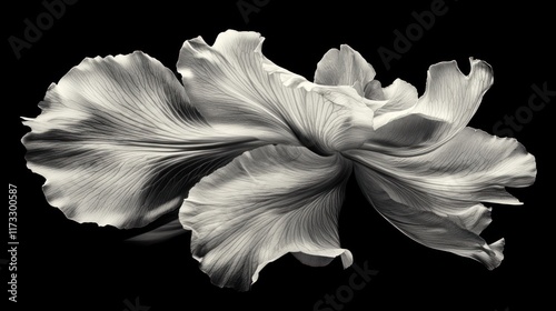 Monochrome close-up of two intertwined, flowing flower petals against a black background.
