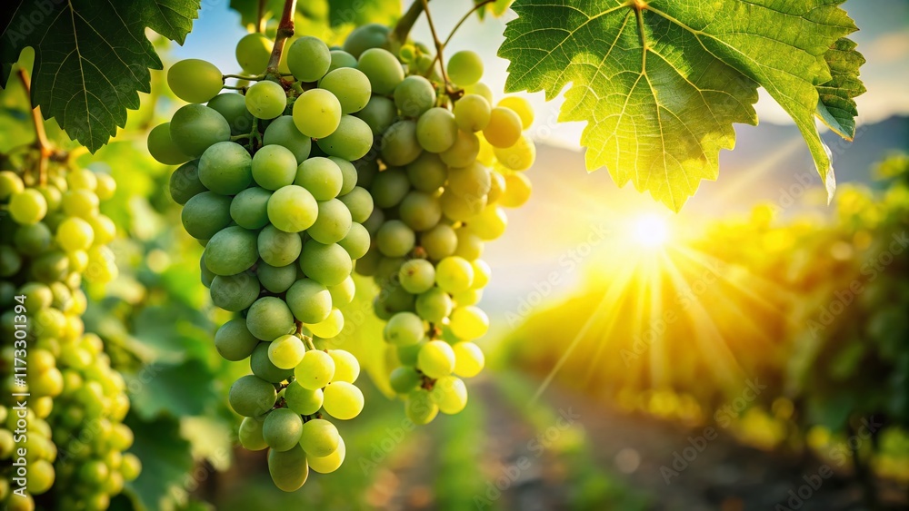 Fototapeta premium Juicy Green Grapes Hanging on Vine, Sunlight Dappled Leaves, Rule of Thirds Composition