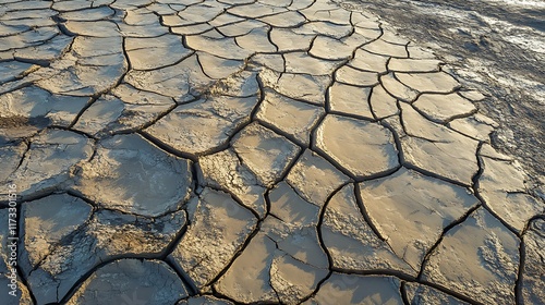 Geometric patterns in a dry lake bed, with cracked earth creating a unique and visually striking scene photo