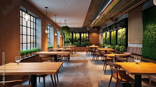 Modern Restaurant Interior with Wooden Tables, Green Wall Decor, and Industrial Lighting in a Cozy Atmosphere

 photo