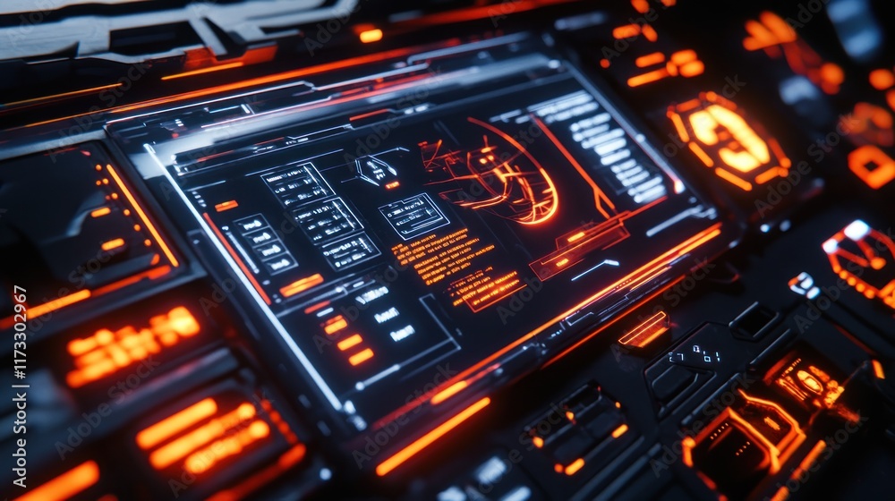 Obraz premium Futuristic interface with glowing elements and data displays.