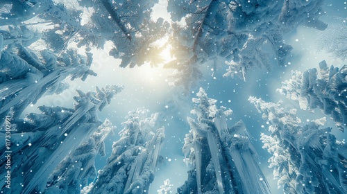 Snow-covered trees from a low angle, with icicles and snowflakes falling. AI generative. . photo