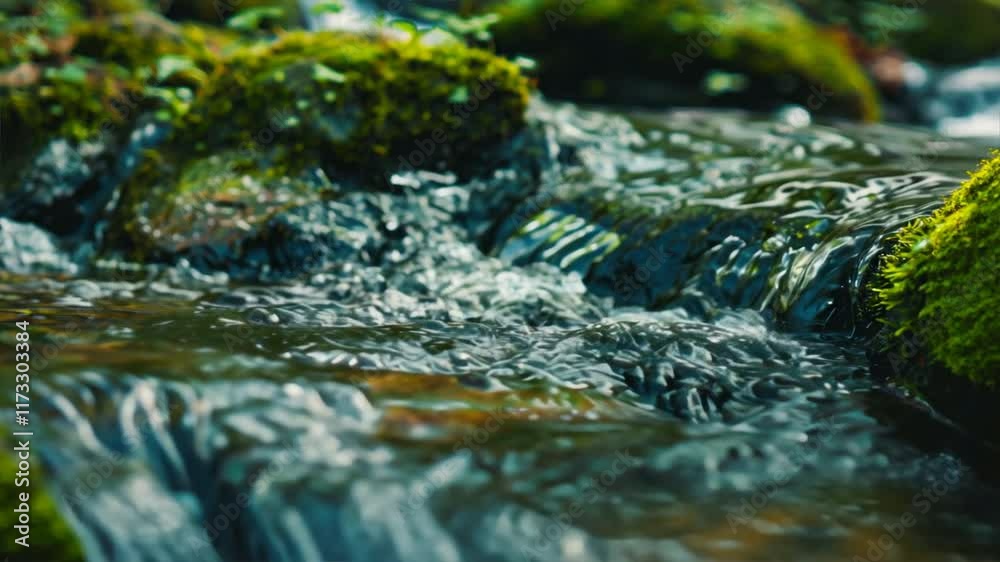 Tranquil Landscape Serene Stream Flowing Over Moss Covered Rocks, Where Clear Water Glistens in Sunlight, Embracing Beauty of Nature. Tranquil Landscape Serene Stream Flowing Over Moss Covered Rocks, Where Clear Water Glistens in Sunlight, Embracing Beauty of Nature.