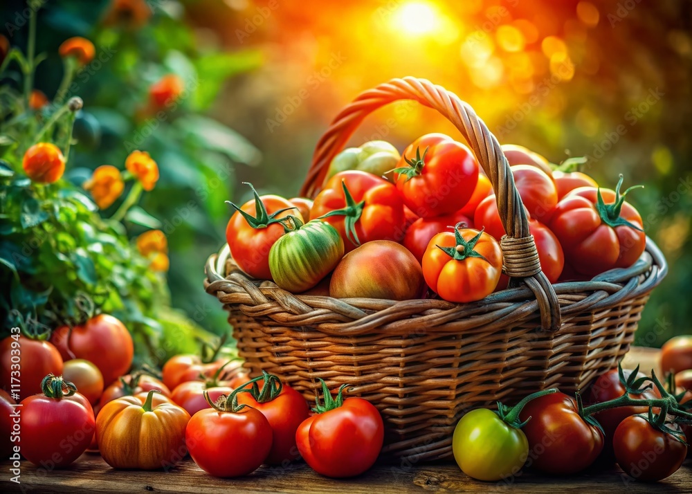 Juicy Ripe Tomatoes in Rustic Basket - Fresh Farm Produce Stock Photo Juicy Ripe Tomatoes in Rustic Basket - Fresh Farm Produce Stock Photo