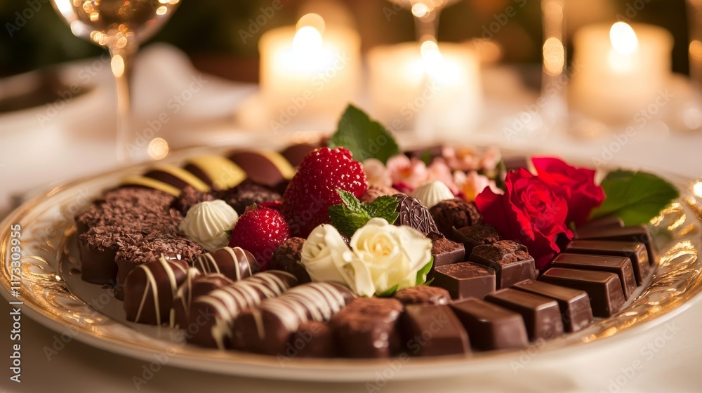 A beautifully arranged platter of assorted chocolates and flowers, perfect for a romantic setting. A beautifully arranged platter of assorted chocolates and flowers, perfect for a romantic setting.