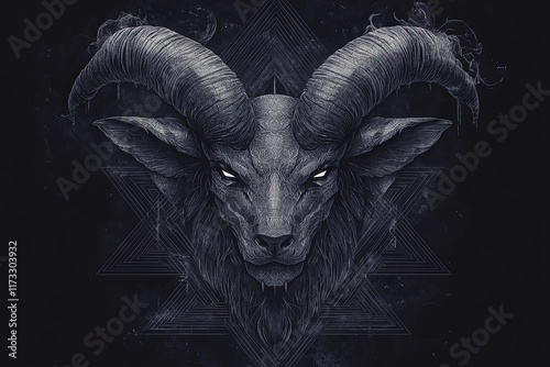 Dark, mystical ram head with large horns, glowing eyes, and geometric patterns.