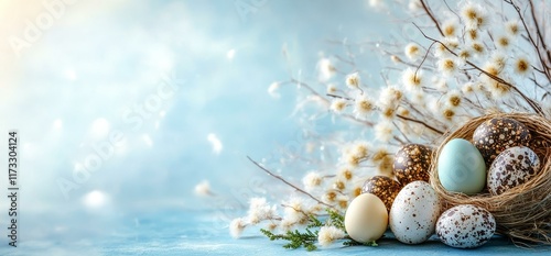 Easter Eggs Decorated in Nest with Spring Flowers