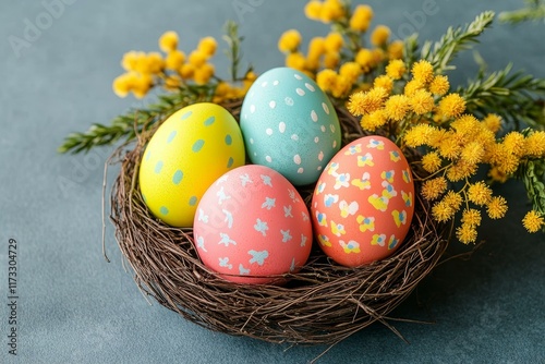 Colorful Easter Eggs in a Nest with Flowers