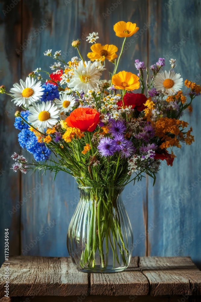 custom made wallpaper toronto digitalVibrant bouquet of wildflowers with daisies and poppies on rustic wooden table in a charming countryside setting