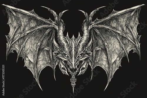 Detailed pen and ink drawing of a demonic, bat-winged dragon creature with sharp horns and teeth, against a black background.