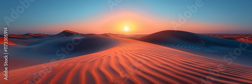 Orange sand dunes with a setting sun in a blue sky. AI generative. .