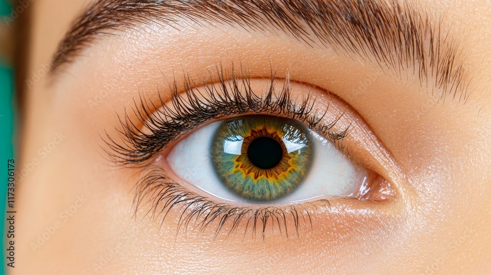 Obraz premium A close-up of a mesmerizing eye featuring vibrant green and brown hues, showcasing long lashes and smooth skin.