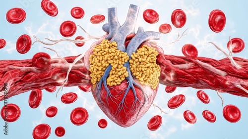 An artistic representation of a heart with fatty deposits, surrounded by red blood cells, illustrating cardiovascular health and disease.
