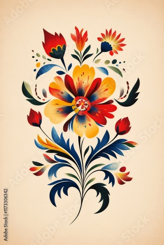 Decorative floral arrangement bursting with color, featuring a variety of blossoms and leaves in a harmonious composition against a soft beige backdrop	
 photo