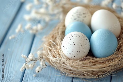 Pastel Eggs in a Nest on a Light Blue Wooden Background