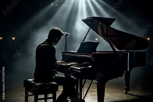 Silhouetted pianist playing a grand piano in a spotlight on a dark stage. AI generative. .