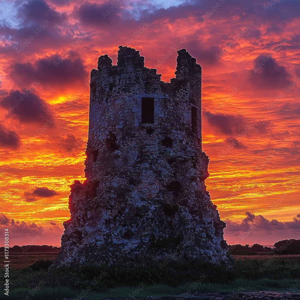 Obraz premium Ruined castle tower at sunset with vibrant sky