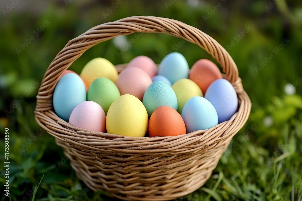 Colorful Easter Eggs in a Wicker Basket Colorful Easter Eggs in a Wicker Basket