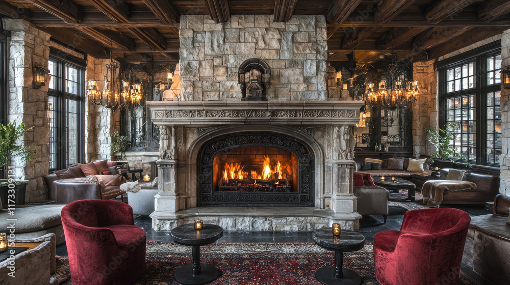 Grand stone fireplace in lodge lounge, cozy seating, winter view Grand stone fireplace in lodge lounge, cozy seating, winter view