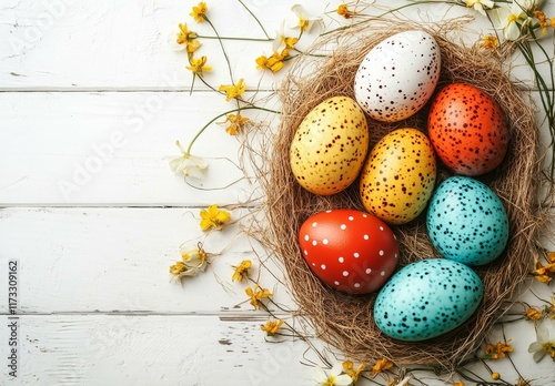 Easter Nest with Colorful Eggs and Flowers