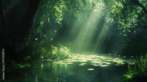 Lush forest stream bathed in sunlight.