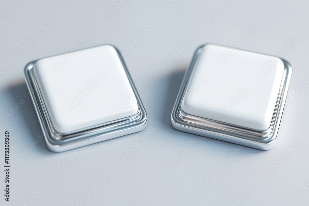 Mockup of a square metallic snap button in white. Blank design for jeans clasp, displaying front and back views Mockup of a square metallic snap button in white. Blank design for jeans clasp, displaying front and back views