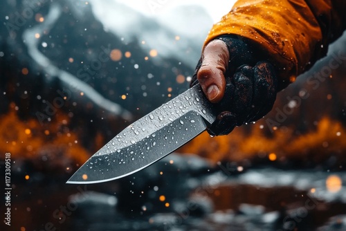 A hunting knife being cleaned by a river, with water droplets glistening on the blade