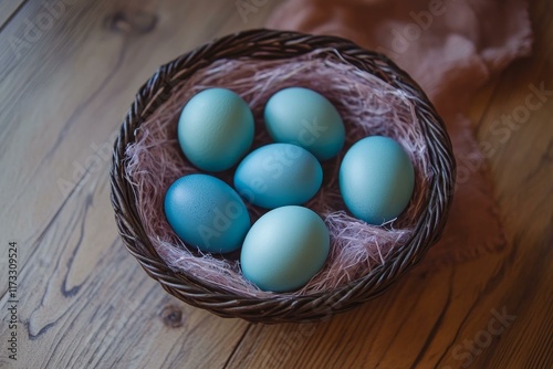 Pastel Blue Eggs in a Rustic Basket