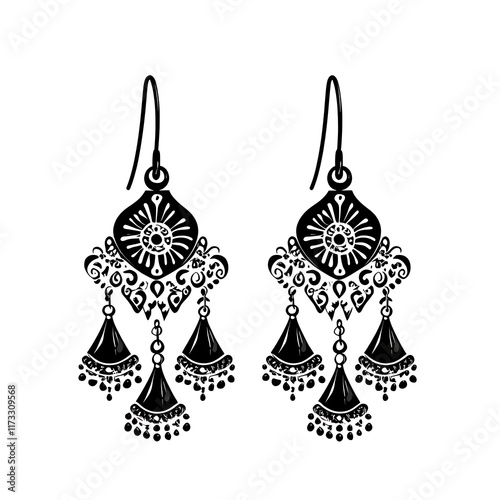 Pair of ornate dangling earrings drawn in black ink.